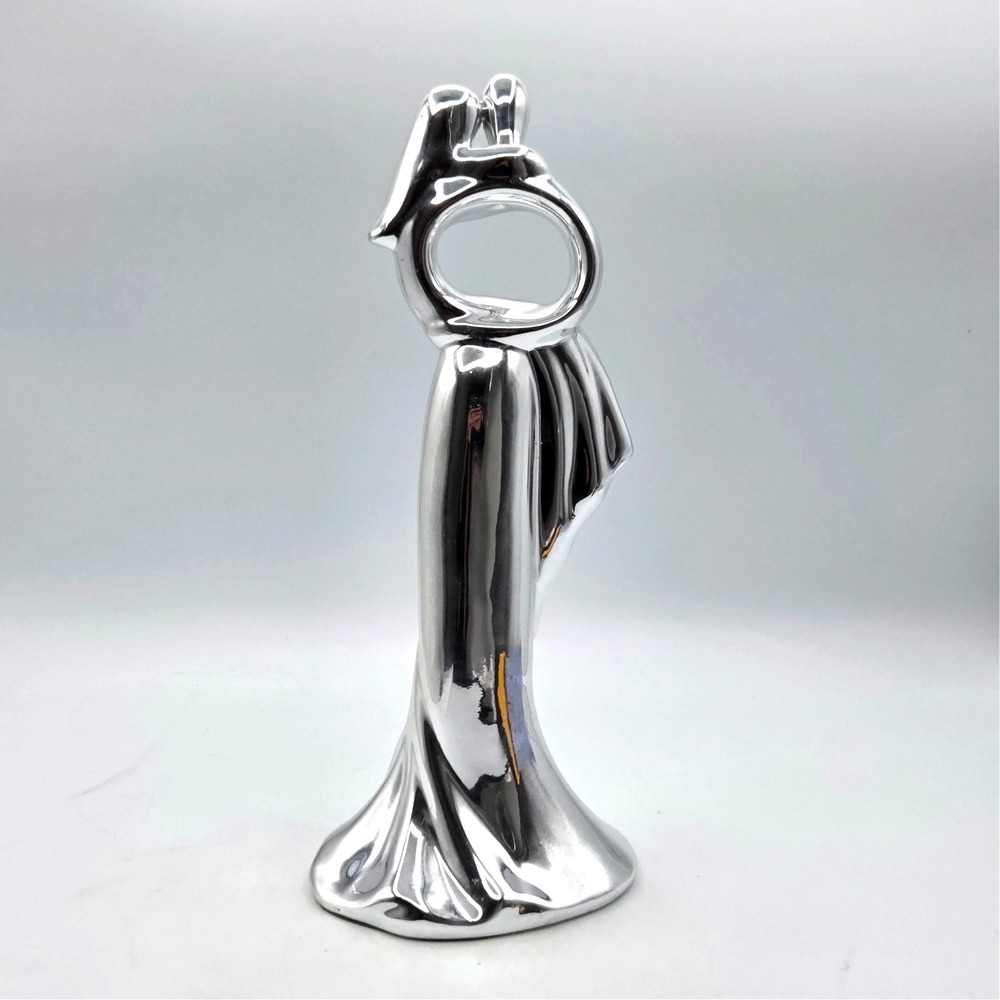 Art Deco‎ Ceramic Hugging Couple Sculpture with Polished Silver Chrome Finish - Picture 6 of 7